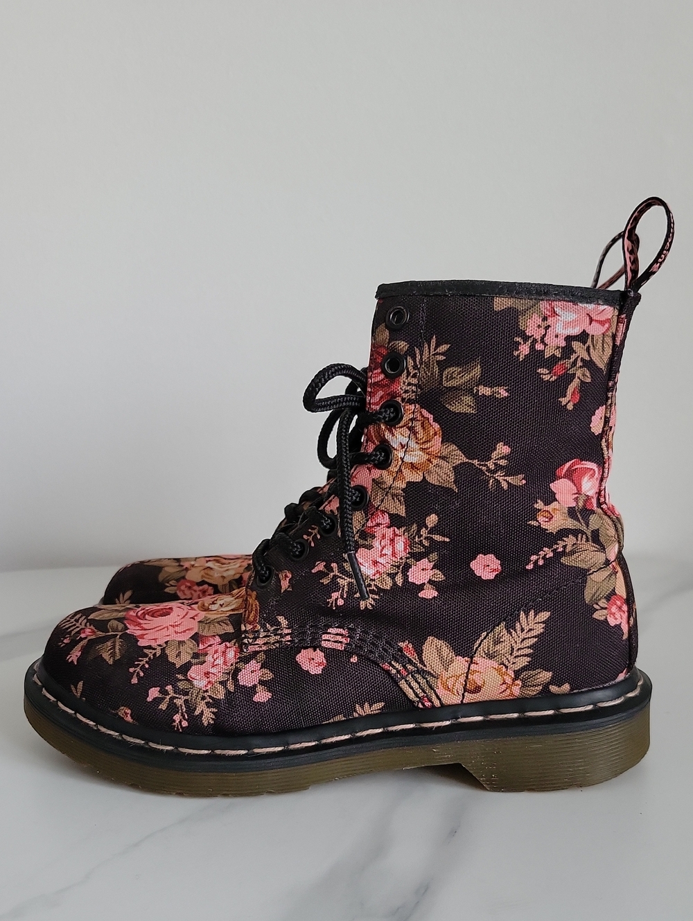 Dr. Martens 11821 Black Canvas Boots with Pink Floral Print